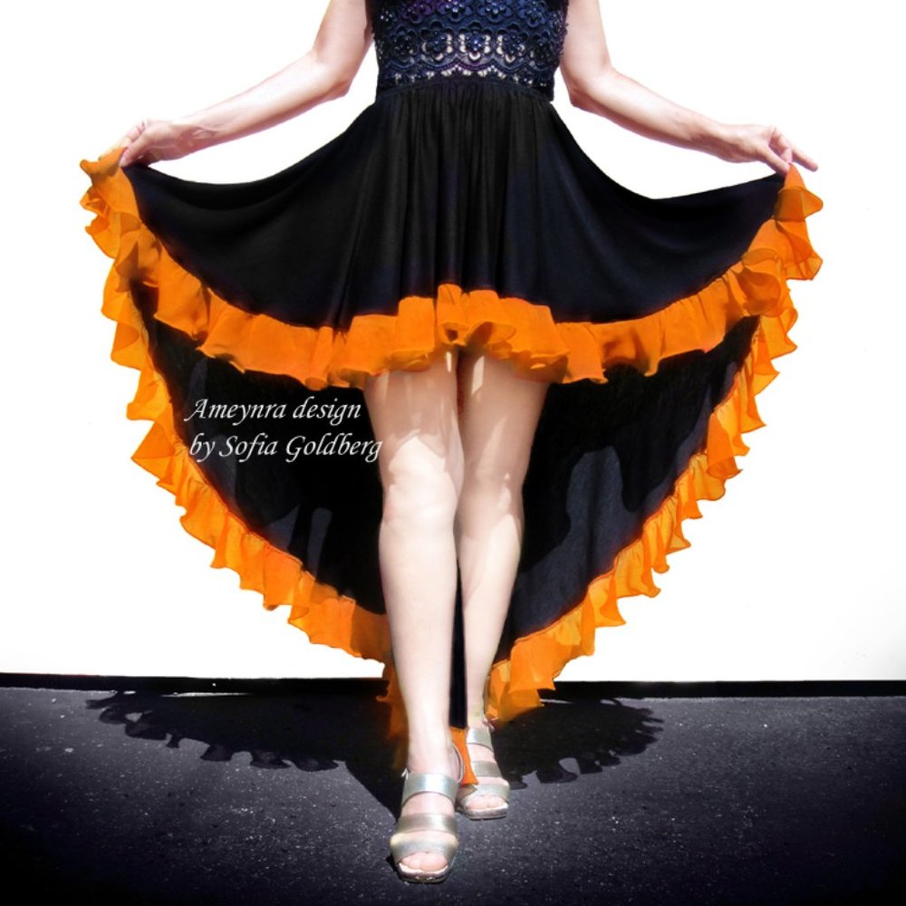 Ameynra high low skirt black rayon  with orange chiffon ruffle